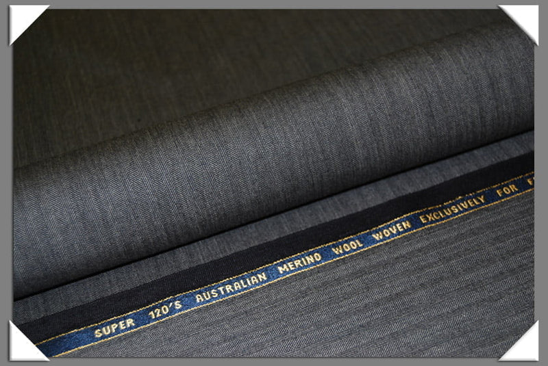 Med Grey Herringbone Super 120S Merino Wool Fabric - Medium Grey Herringbone, 58/60" Width