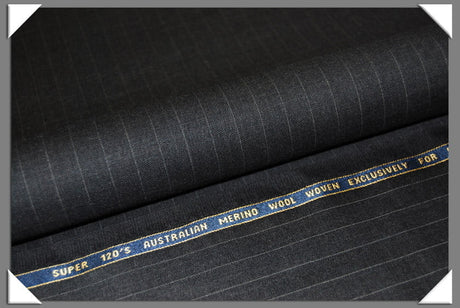 Charcoal Pinstripe Super 120S Australian Merino Wool Fabric - Charcoal Pinstripe, 58/60" Width