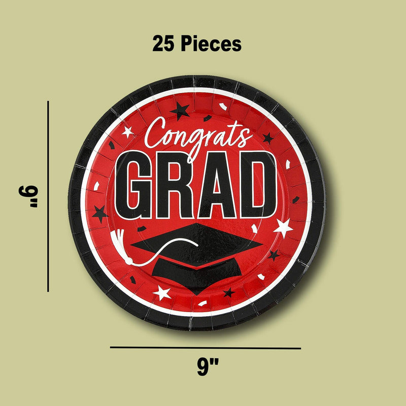 25 Count Red Congrats Grad Round Paper Plates 9 Inch for Festive Graduation Events