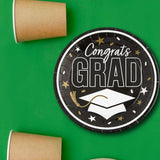 25 Count Black Congrats Grad 9 Inch Round Paper Plates for Graduation Party Decorations