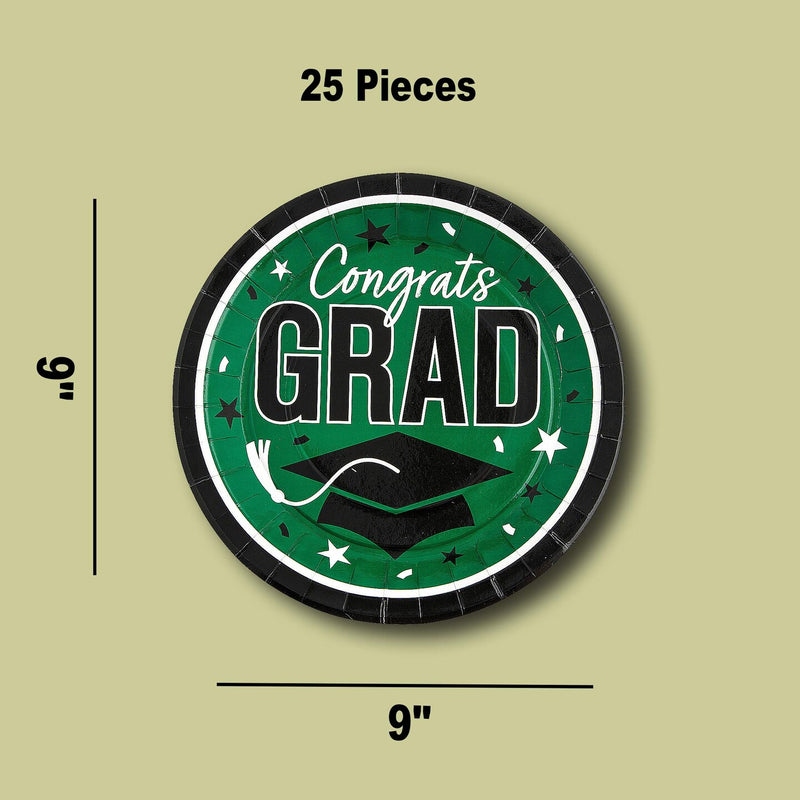 25 Count Green Graduation Party Plates 9 Inch Round Congrats Grad Table Essentials