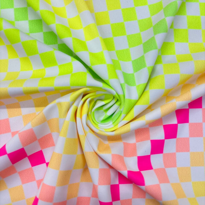 1 Yard Neon Rainbow Checkered Spandex Fabric for Swimwear and Costumes 60" Width