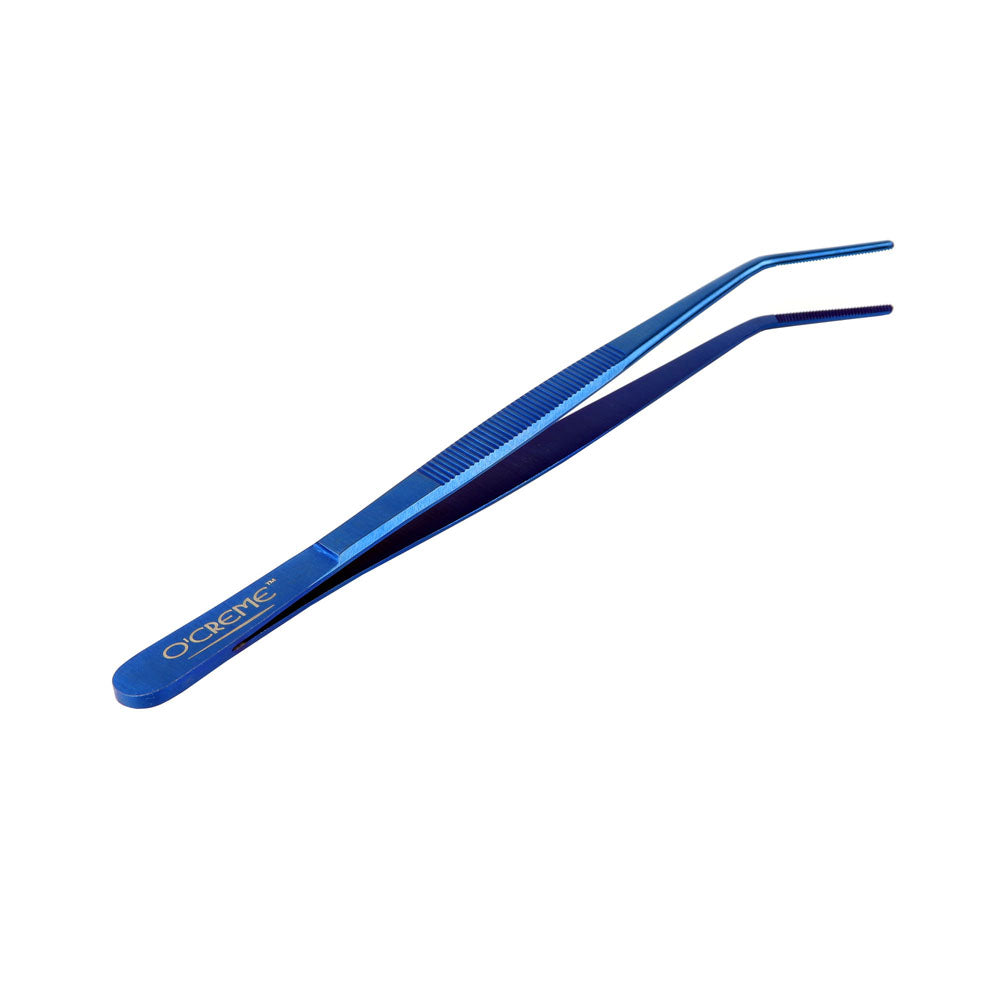 O'Creme Blue Stainless Steel Curved Tip Tweezers, 8"