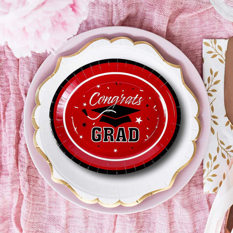Betallic Congrats Graduation Party Red School Colors Paper Banquet Plates 25 Count Disposable Dinner Plates 11 3/4" x 10"