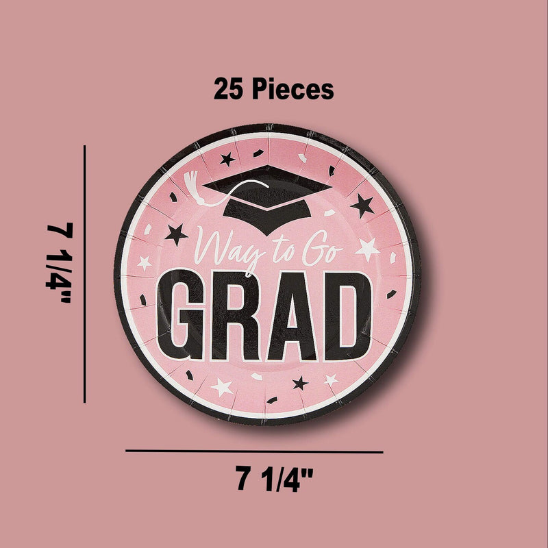 25 Count Pink Way to Go Grad Paper Dessert Plates Party Supplies 7 1/4 Inch