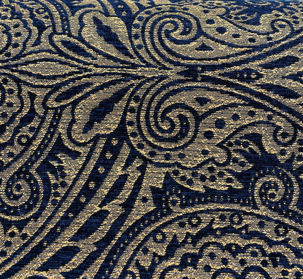 Medellin Damask Upholstery Fabric - Navy Blue Gold Damask, 58" Width (1 Yard)