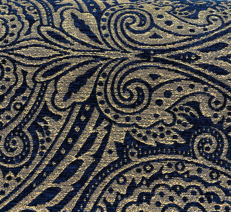 Medellin Damask Upholstery Fabric - Navy Blue Gold Damask, 58" Width (1 Yard)