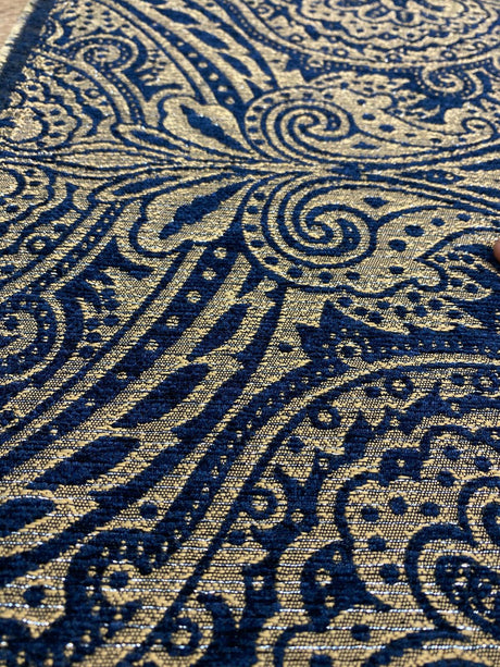 Medellin Damask Upholstery Fabric - Navy Blue Gold Damask, 58" Width (1 Yard)