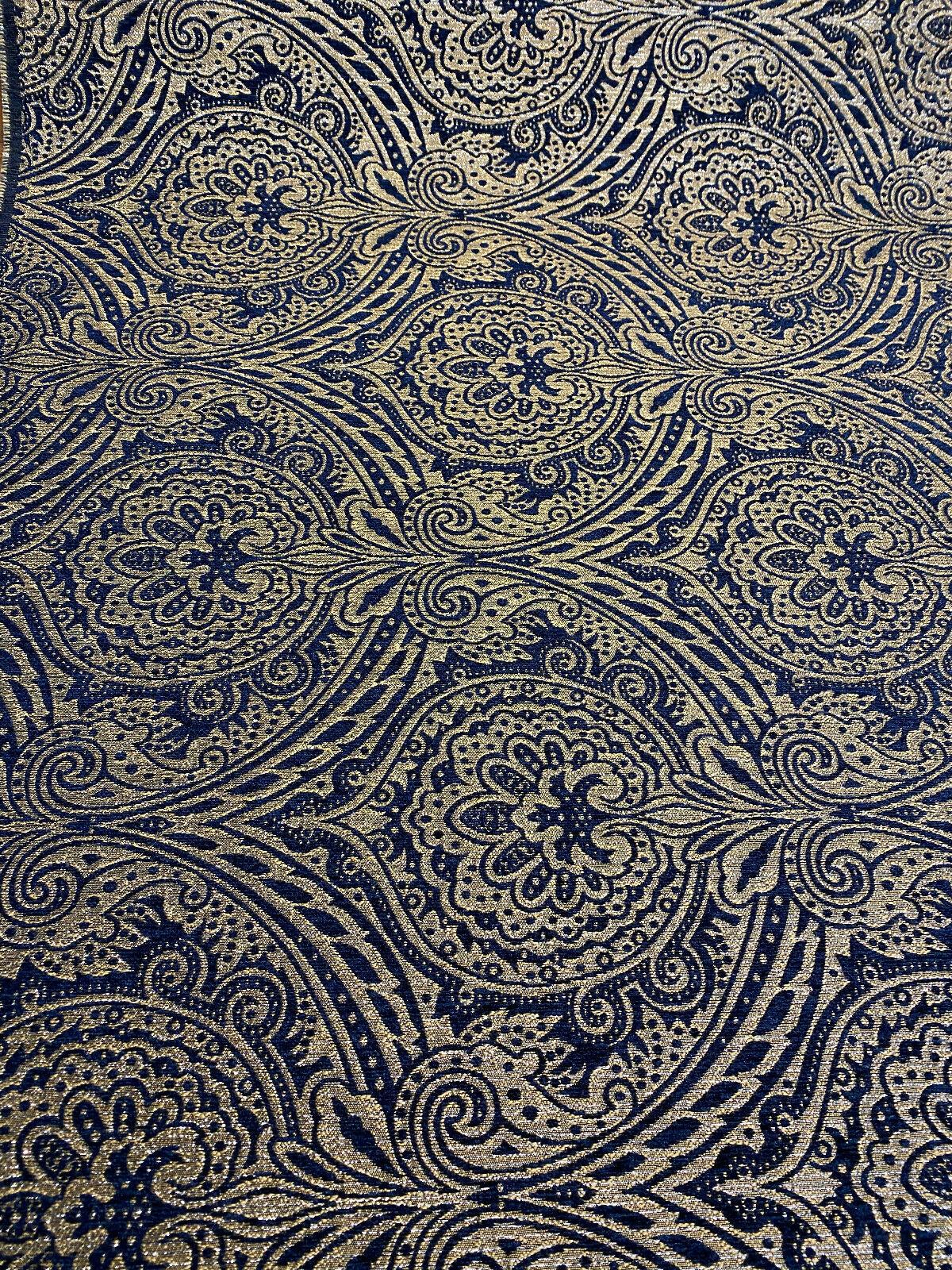 Medellin Damask Upholstery Fabric - Navy Blue Gold Damask, 58" Width (1 Yard)