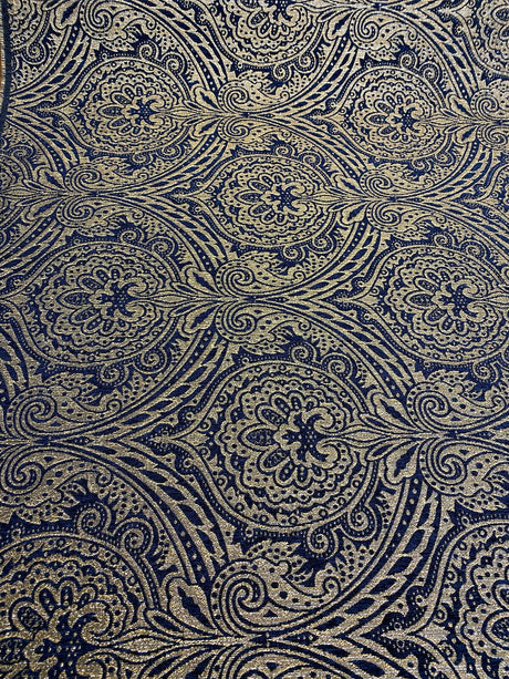Medellin Damask Upholstery Fabric - Navy Blue Gold Damask, 58" Width (1 Yard)