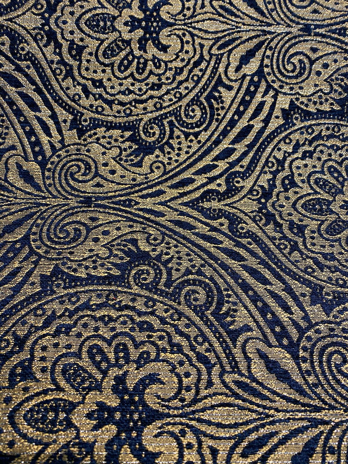 Medellin Damask Upholstery Fabric - Navy Blue Gold Damask, 58" Width (1 Yard)