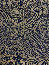 Medellin Damask Upholstery Fabric - Navy Blue Gold Damask, 58" Width (1 Yard)