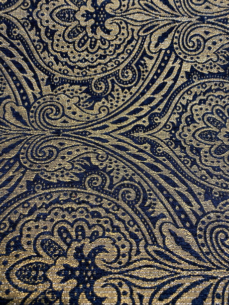 Medellin Damask Upholstery Fabric - Navy Blue Gold Damask, 58" Width (1 Yard)