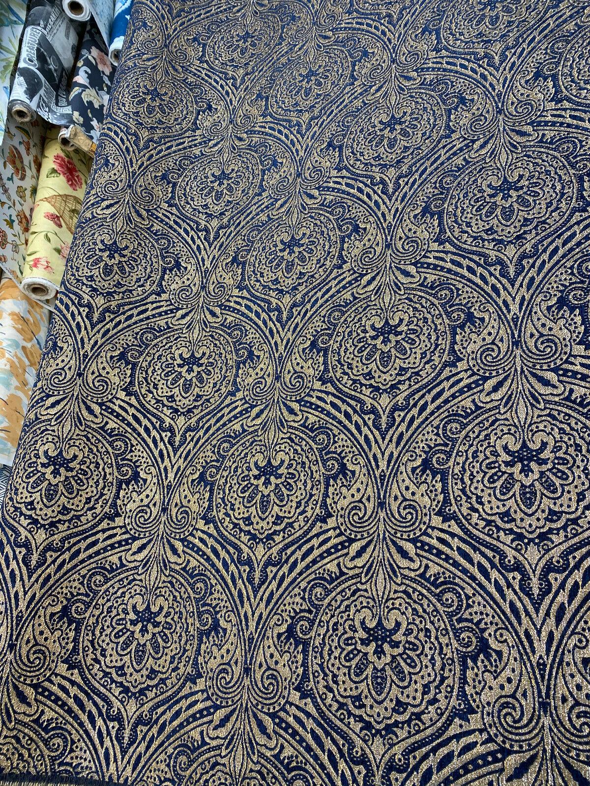 Medellin Damask Upholstery Fabric - Navy Blue Gold Damask, 58" Width (1 Yard)