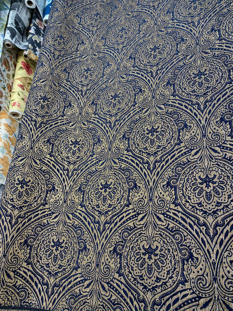 Medellin Damask Upholstery Fabric - Navy Blue Gold Damask, 58" Width (1 Yard)