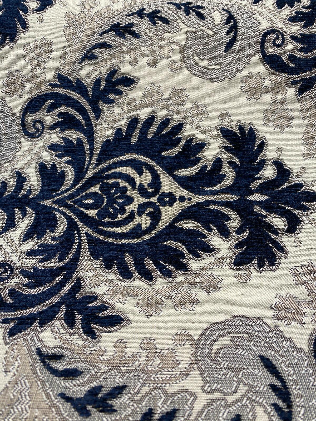 Grenada Damask Upholstery Fabric - Navy Blue, Silver Damask, 58" Width (1 Yard)