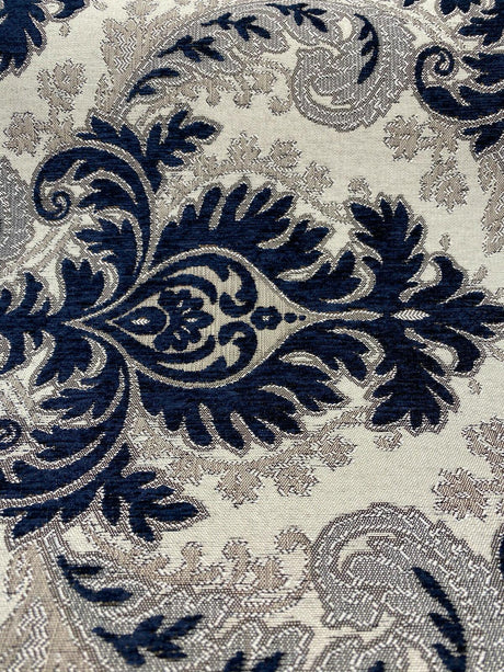 Grenada Damask Upholstery Fabric - Navy Blue, Silver Damask, 58" Width (1 Yard)