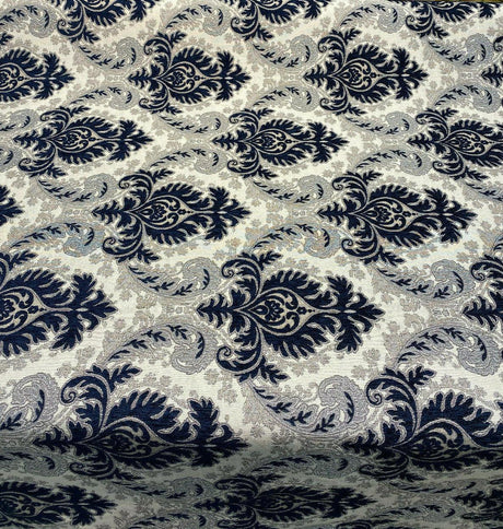 Grenada Damask Upholstery Fabric - Navy Blue, Silver Damask, 58" Width (1 Yard)