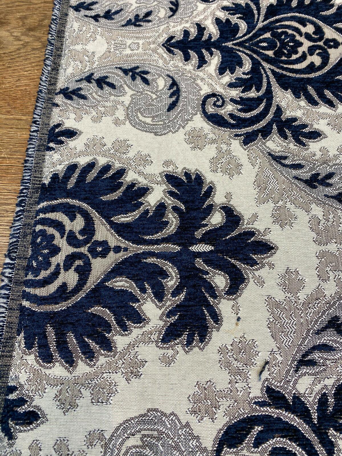 Grenada Damask Upholstery Fabric - Navy Blue, Silver Damask, 58" Width (1 Yard)