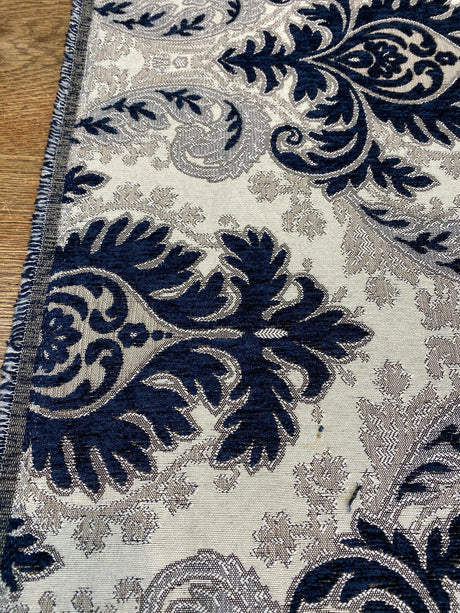 Grenada Damask Upholstery Fabric - Navy Blue, Silver Damask, 58" Width (1 Yard)