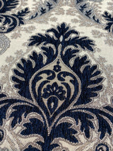 Grenada Damask Upholstery Fabric - Navy Blue, Silver Damask, 58" Width (1 Yard)