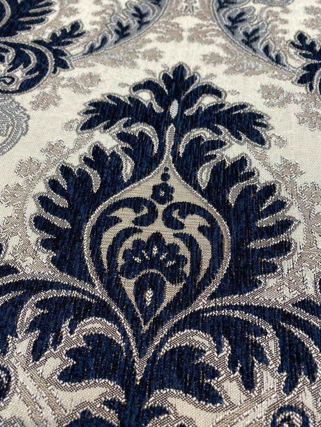 Grenada Damask Upholstery Fabric - Navy Blue, Silver Damask, 58" Width (1 Yard)