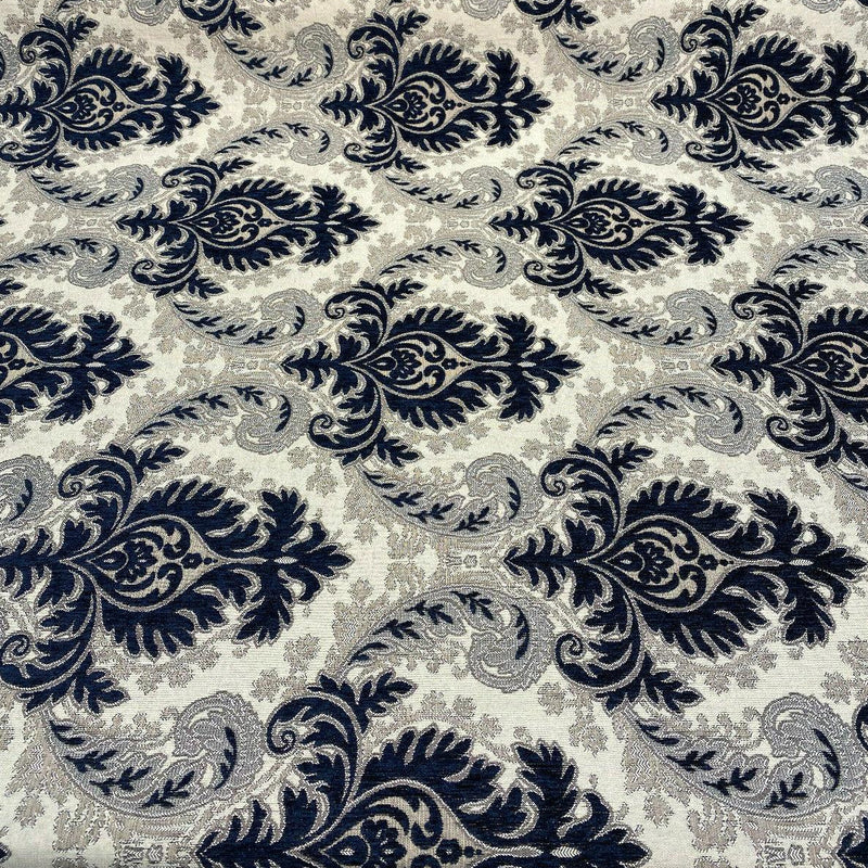 Grenada Damask Upholstery Fabric - Navy Blue, Silver Damask, 58" Width (1 Yard)