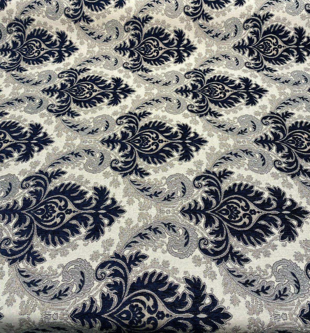 Grenada Damask Upholstery Fabric - Navy Blue, Silver Damask, 58" Width (1 Yard)