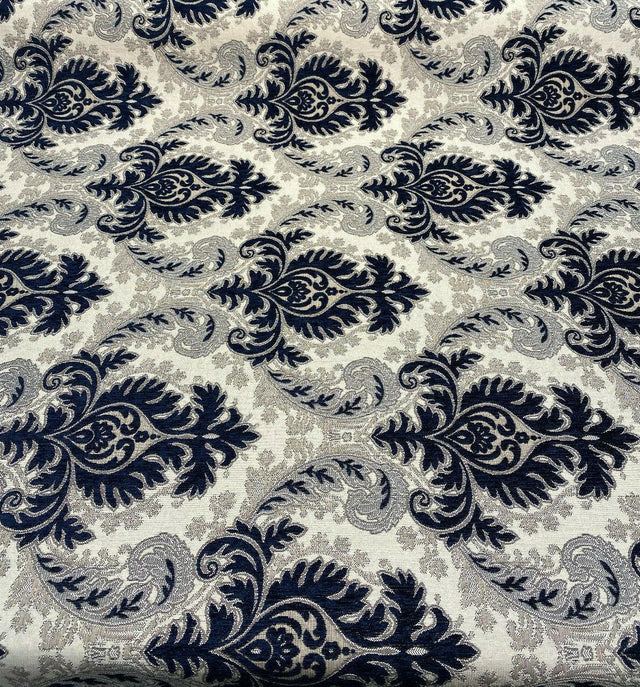 Grenada Damask Upholstery Fabric - Navy Blue, Silver Damask, 58" Width (1 Yard)