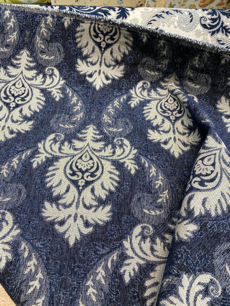 Grenada Damask Upholstery Fabric - Navy Blue, Silver Damask, 58" Width (1 Yard)