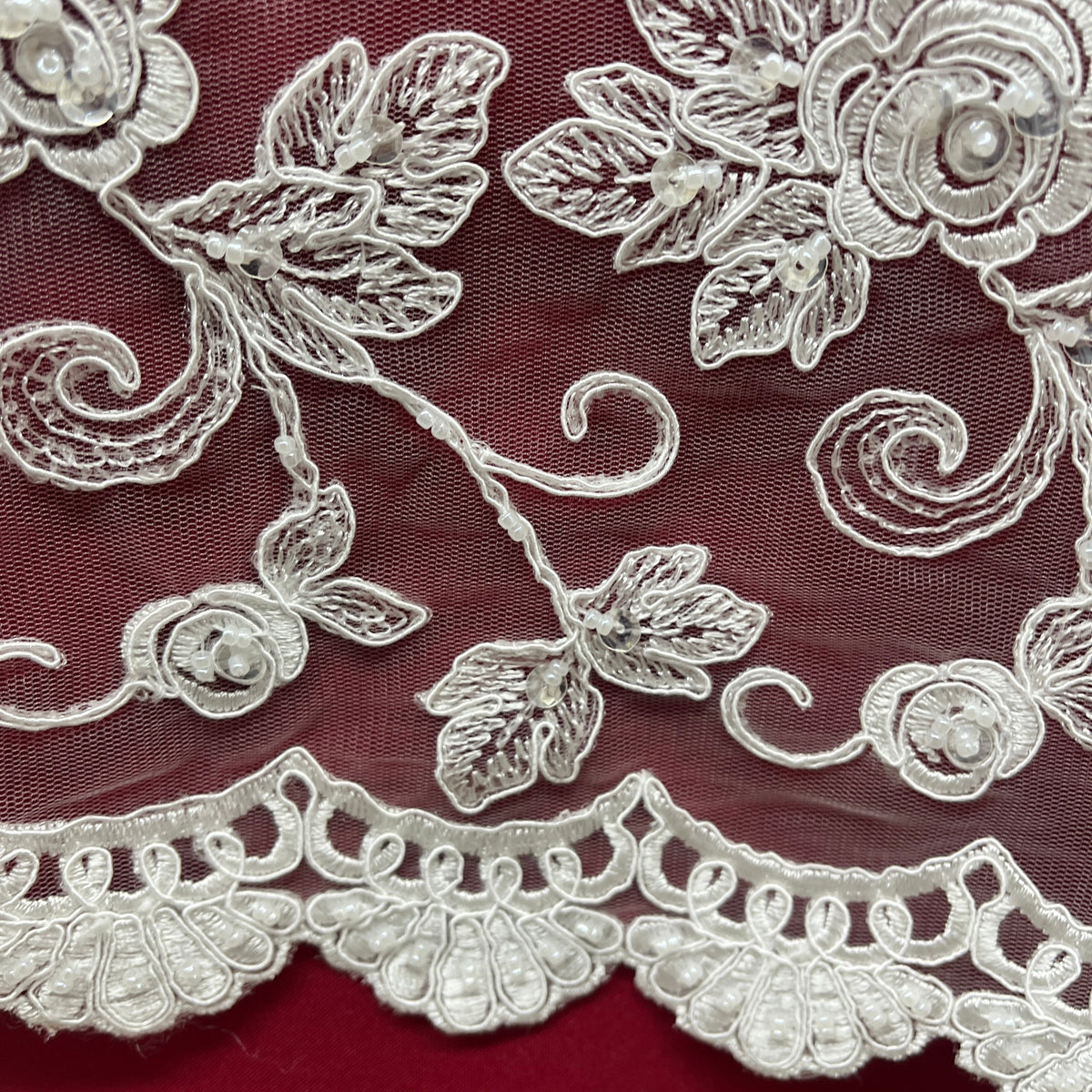 1 Yard 52" Wide Beaded & Corded Bridal Lace Fabric Embroidered on 100% Polyester Net Mesh