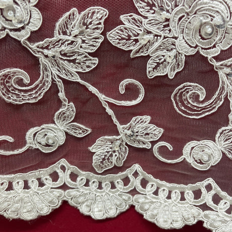 1 Yard 52" Wide Beaded & Corded Bridal Lace Fabric Embroidered on 100% Polyester Net Mesh