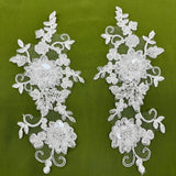 1 Pair Beaded & Corded Floral 3D Lace Applique 100% Polyester Net Mesh 9" x 4" Each Side
