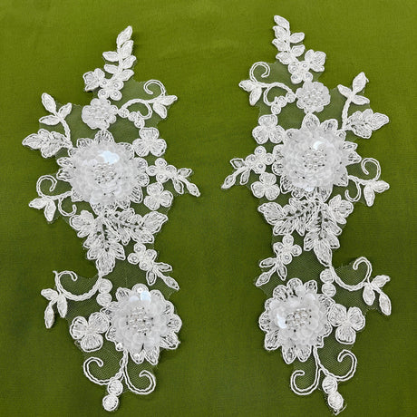 1 Pair Beaded & Corded Floral 3D Lace Applique 100% Polyester Net Mesh 9" x 4" Each Side