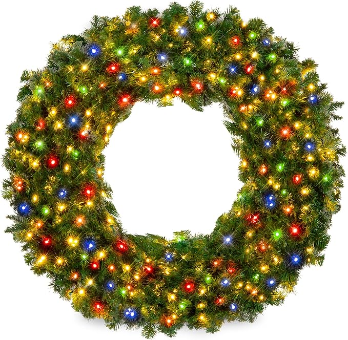 Best Choice Products 30in Large Artificial Pre-Lit Fir Christmas Wreath Holiday Accent Decoration w/ 100 LED Lights, 220 PVC Tips