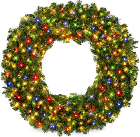 Best Choice Products 30in Large Artificial Pre-Lit Fir Christmas Wreath Holiday Accent Decoration w/ 100 LED Lights, 220 PVC Tips