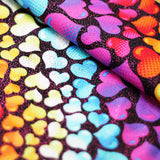 Love Mee Nylon Spandex Fabric - Rainbow Hearts Print, Black Multi Or White Multi, 58-60" Width (1 Yard)