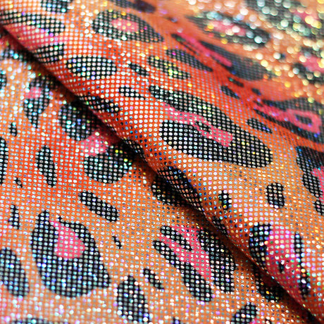 Iridescent Leopard Polyester Spandex Fabric - Pink, Aqua, Orange, Lime, Silver-Black Leopard Print, 58-60" Width, 200 GSM, 4-Way Stretch (1 Yard)