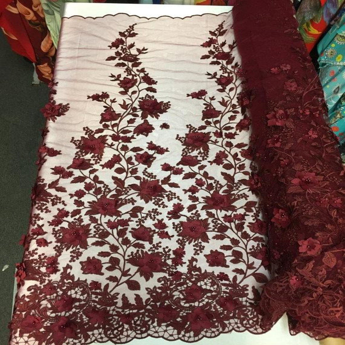 3D Embroidered Satin Floral Pearl Lace Fabric - 100 Percent Polyester Fabric, Floral Pearl Embroidery, 52" Width, 12" Panel (1 Yard)
