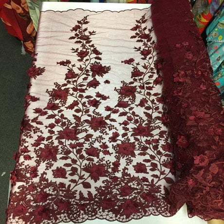 3D Embroidered Satin Floral Pearl Lace Fabric - 100 Percent Polyester Fabric, Floral Pearl Embroidery, 52" Width, 12" Panel (1 Yard)