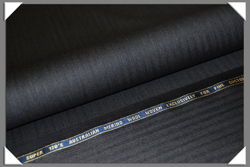Charcoal Herringbone Super 120S Merino Wool Fabric - Charcoal Herringbone, 58/60" Width