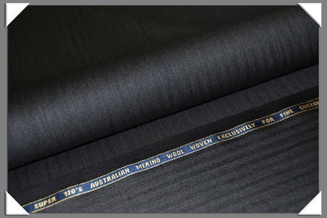 Charcoal Herringbone Super 120S Merino Wool Fabric - Charcoal Herringbone, 58/60" Width