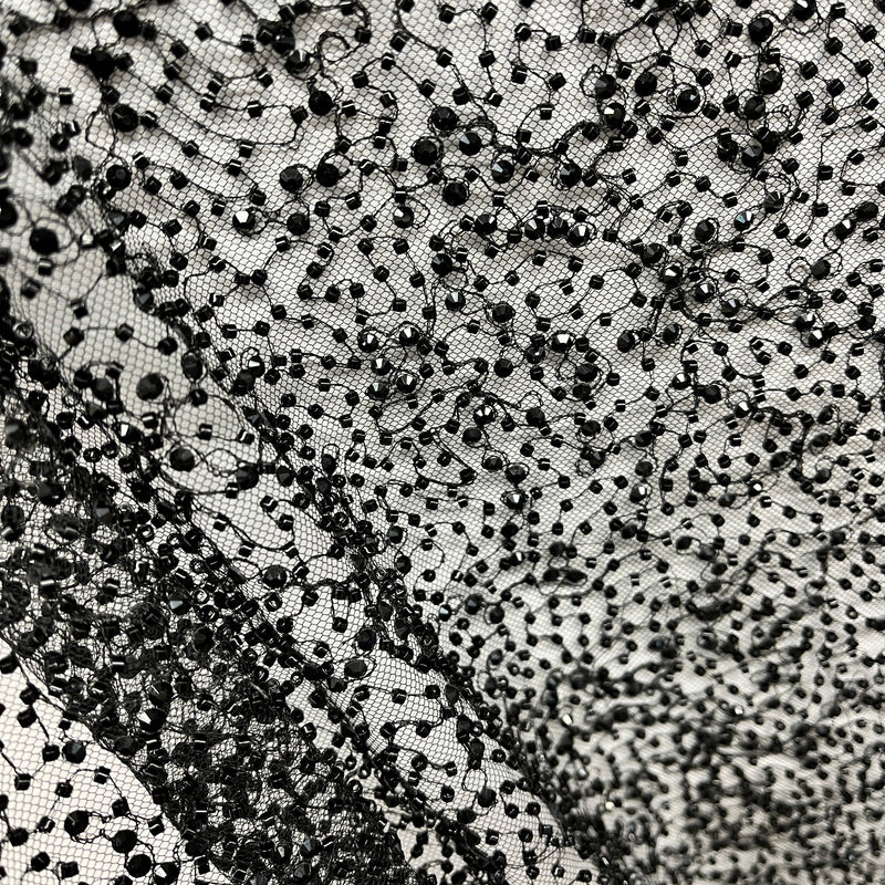 Beaded Lace Fabric Embroidered On 100 Percent Polyester Net Mesh - Black, 60" Wide (1 Yard)