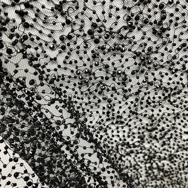 Beaded Lace Fabric Embroidered On 100 Percent Polyester Net Mesh - Black, 60" Wide (1 Yard)