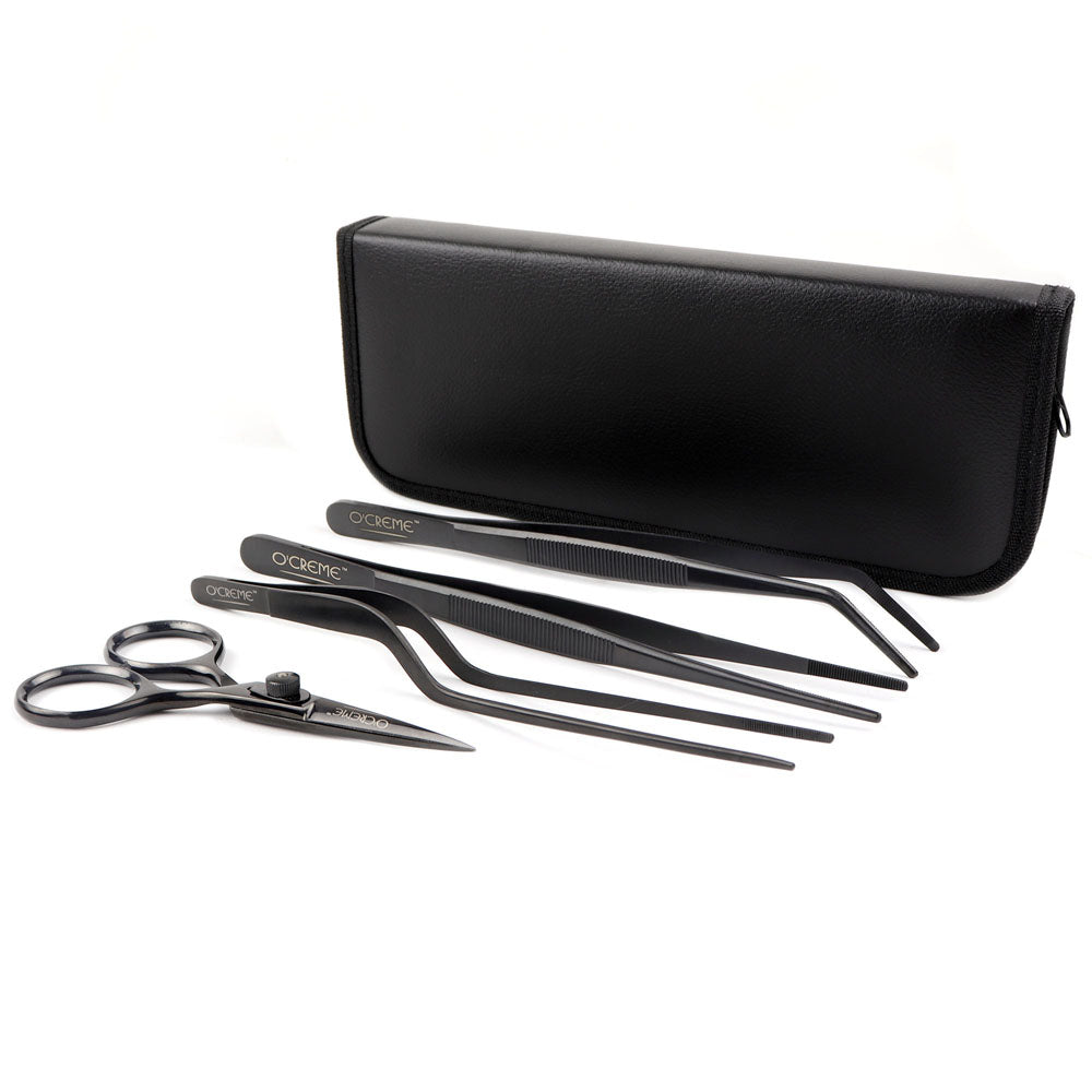 O'Creme Black Stainless Steel Tweezers, Set of 4