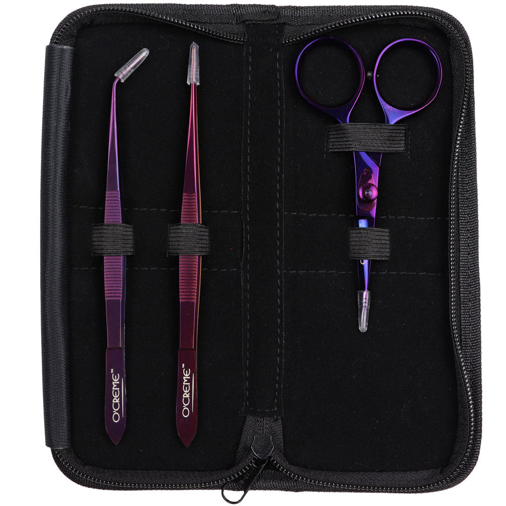 O'Creme Purple Stainless Steel Tweezers & Scissors, Set of 3