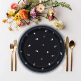 8 Count Glitz Party Disposable Black Dessert Plates with Silver Dots 6 3/4 Inch Elegant Party Supplies