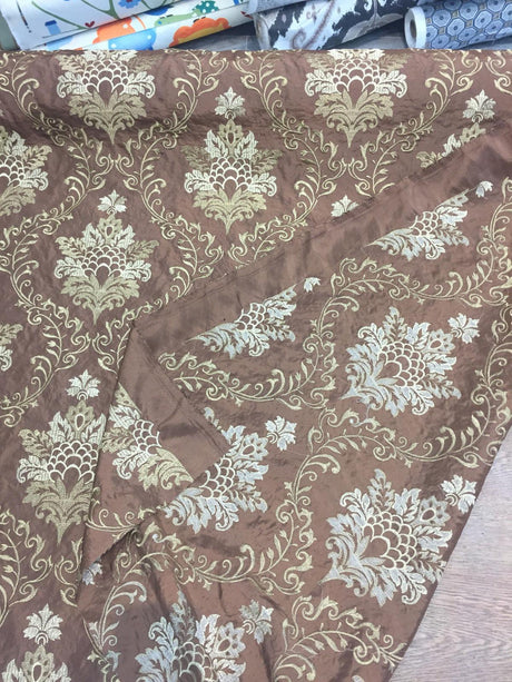 Brown Gold Damask Embroidered Faux Silk Polyester Fabric - Brown Gold Damask, 58" Width (1 Yard)