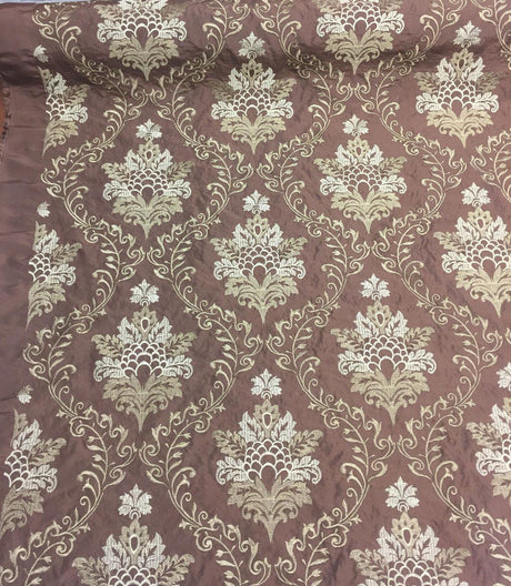 Brown Gold Damask Embroidered Faux Silk Polyester Fabric - Brown Gold Damask, 58" Width (1 Yard)