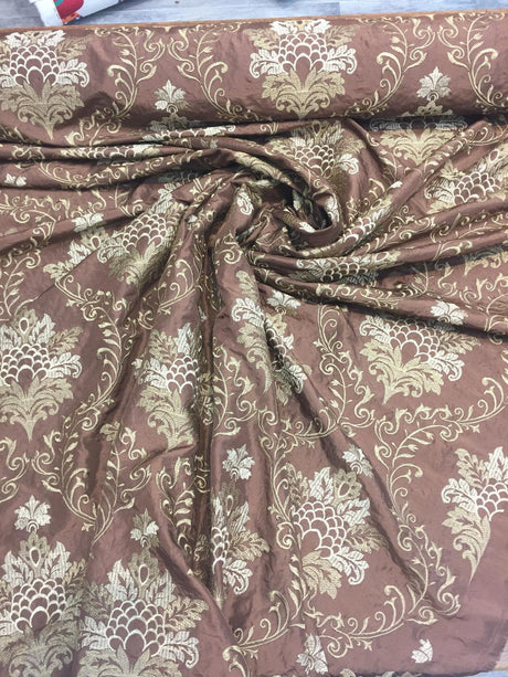 Brown Gold Damask Embroidered Faux Silk Polyester Fabric - Brown Gold Damask, 58" Width (1 Yard)
